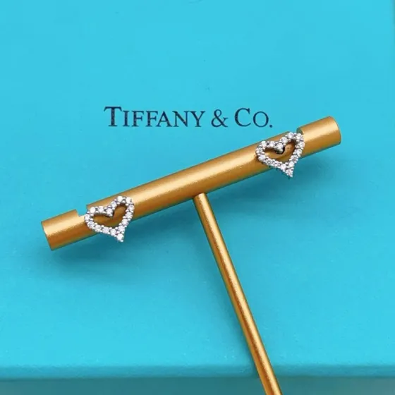 Tiffany Co Diamond Open Heart earrings silver-toned white gold with clear diamonds 8mm stud length