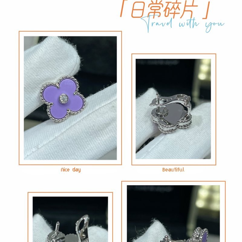 Van Cleef Arpels Alhambra earrings White gold metal with lavender purple inlay and clear diamond accent 15mm diameter