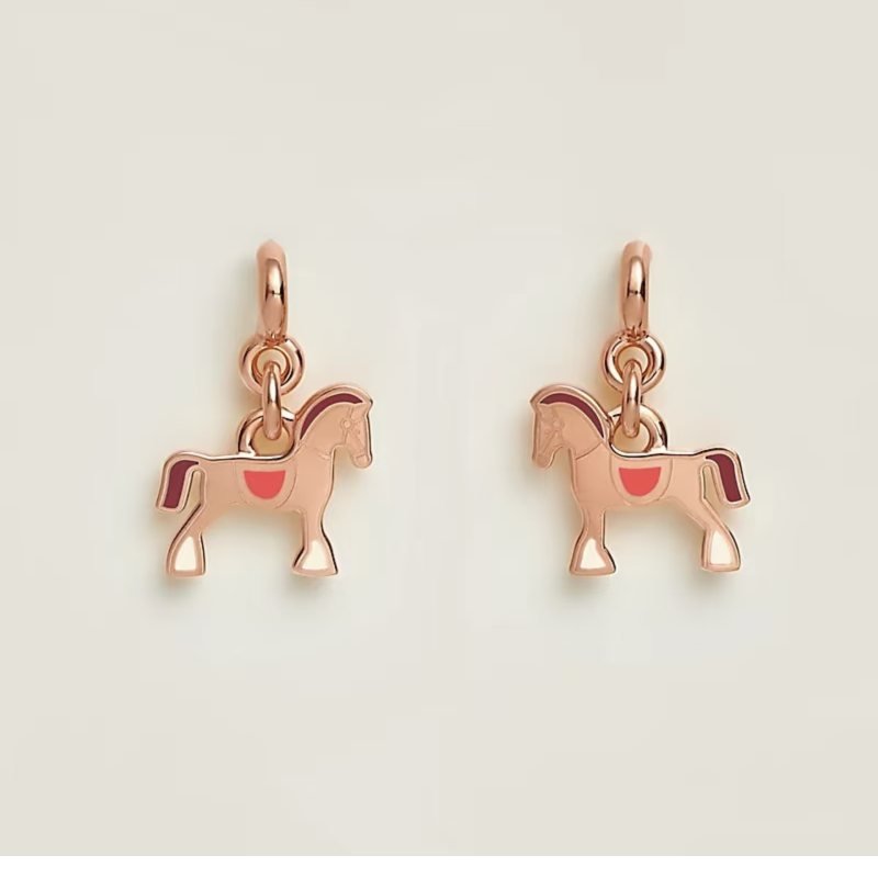 Hermes Cheval earrings rose gold metal with cream coral red and burgundy enamel 1 2cm pendant drop