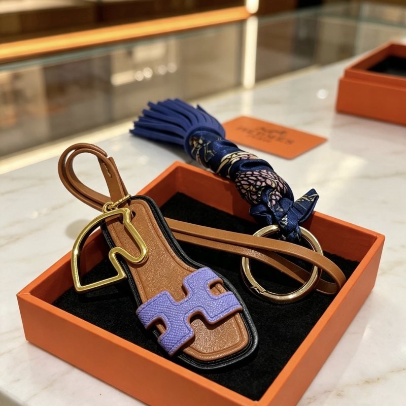 Hermes Oran Sandal Tassel Key Charm pendant Gold-tone metal brown leather lavender purple leather navy blue leather navy printed silk black trim 12cm total length