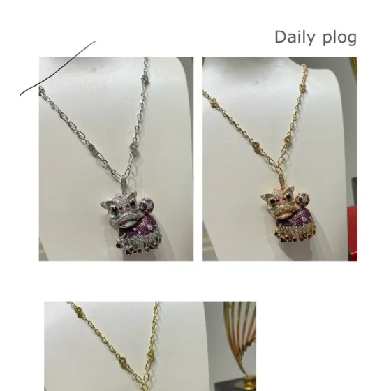 Qeelin Xi Xi Lion Dance necklace 18K gold 18K white gold pave white diamonds pink sapphires black onyx purple gemstones 60cm