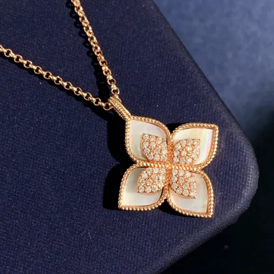 Roberto Coin Princess Flower necklace Rose gold with diamond pave available variants with white mother-of-pearl black onyx or blue lapis lazuli inlays 42cm
