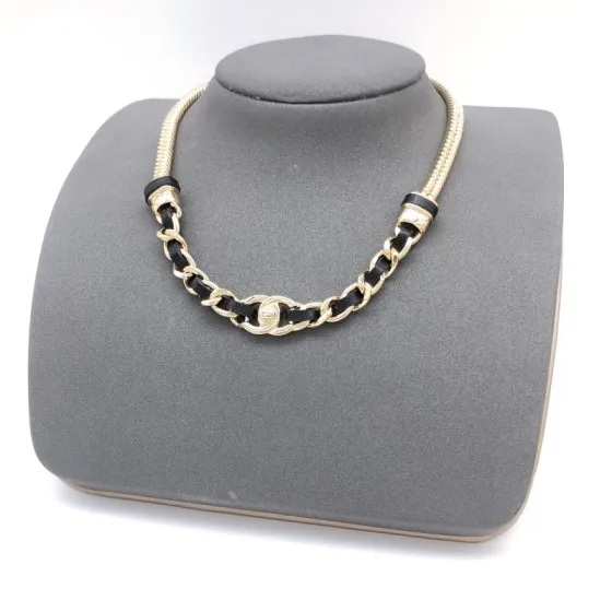 Chanel CC Turnlock Leather Woven Chain necklace gold tone metal black leather 40cm