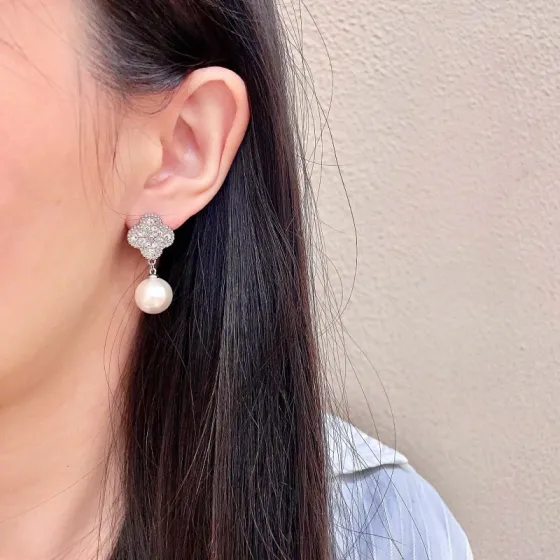 Van Cleef Arpels Magic Alhambra earrings white gold metal with clear diamond pave and white cultured pearl 2 5cm drop length