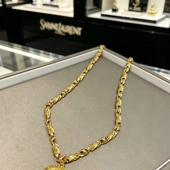 Saint Laurent YSL Monogram Coin Pendant necklace gold tone metal 60cm