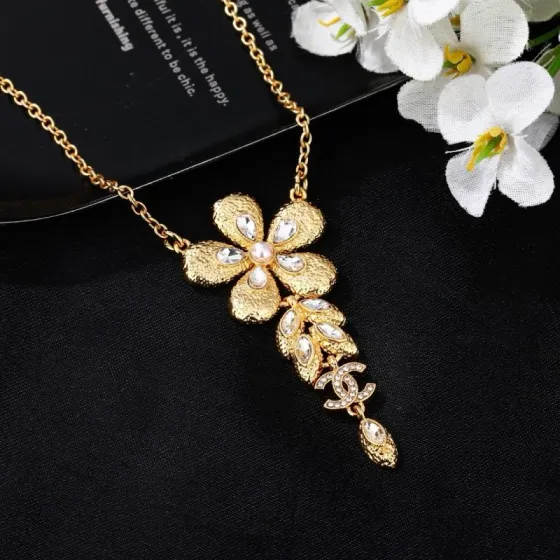Chanel CC Flower Drop Pendant necklace Gold-tone metal clear crystals faux pearl center 42cm with 5cm extender
