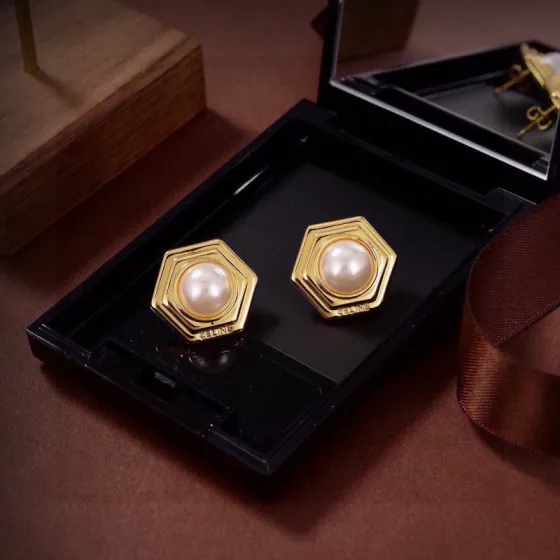 Celine Hexagonal Pearl Stud earrings gold-tone metal with cream white pearl 1 8cm diameter