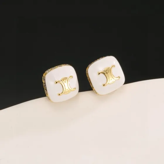 Celine Triomphe earrings gold-tone metal white enamel clear crystal 1 2cm