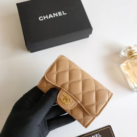 Chanel Classic Flap Card Holder pendant beige lambskin leather gold-tone metal hardware 7 5 11 3 2 1 cm