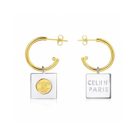 Celine Triomphe Square Charm Hoop Earrings earrings Two-tone gold and silver gold-tone Triomphe emblem on silver-tone square charm 20mm hoop diameter