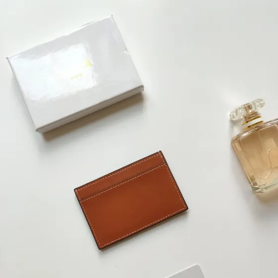 Celine Triomphe card holder tan smooth calfskin leather with white contrast stitching 10 5 x 7cm