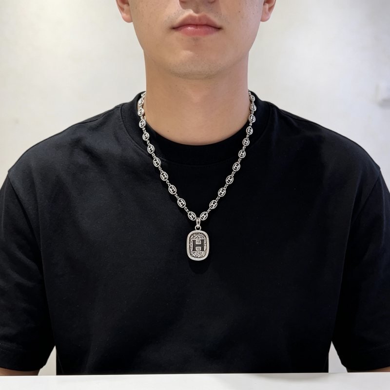 Hermes H Logo Oval Pendant Chain Necklace necklace Antique silver-toned metal with black enamel H detailing 60cm