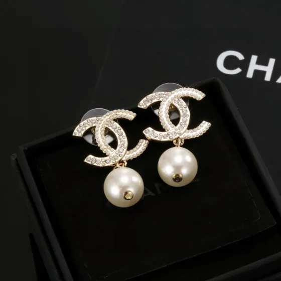 Chanel CC Logo Pearl Drop Earrings earrings Gold-tone metal with clear crystals and white faux pearls One size drop length approx 2 5cm