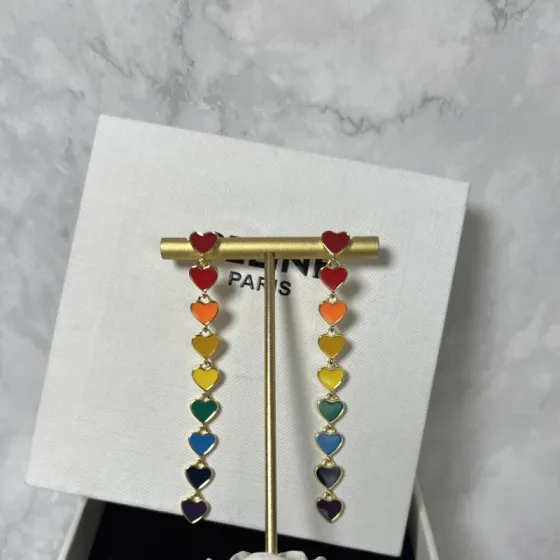 Celine YHED055 Rainbow Heart Drop Earrings earrings gold-tone metal with multicolor rainbow enamel hearts red orange yellow green blue navy purple 6 5cm drop length