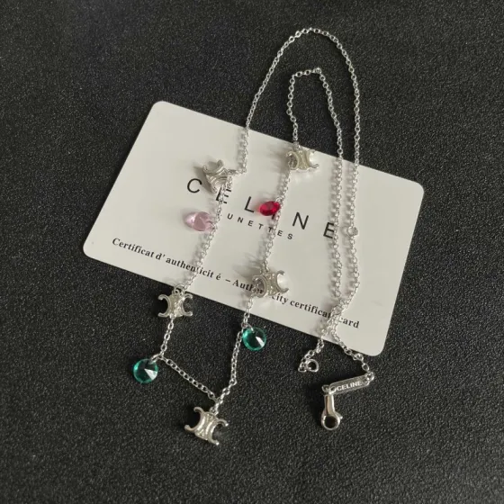 Celine Triomphe Multi-Color Crystal Charm Necklace necklace Silver-toned metal with red pink teal and green faceted crystal charms 40cm with 5cm extender