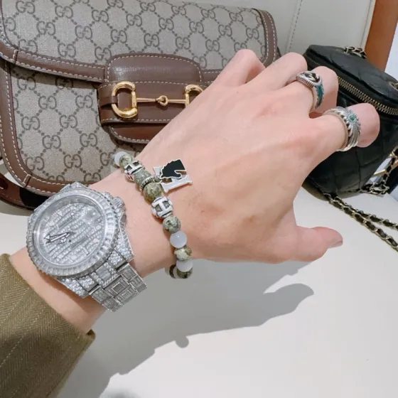 Hermes Anger Forest bracelet silver tone metal green serpentine white chalcedony black enamel 18cm