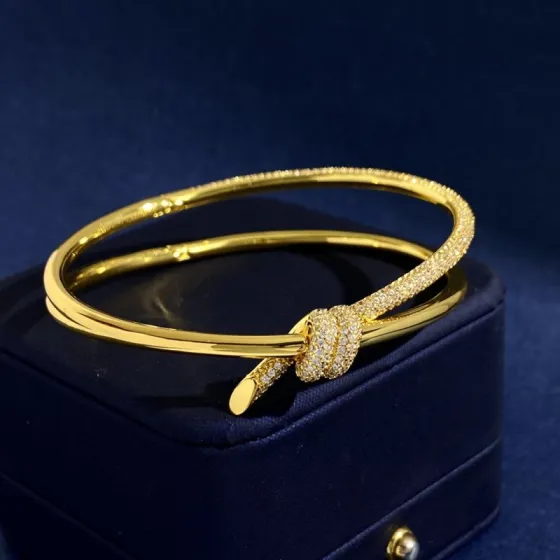 Tiffany Knot bracelet Yellow gold with pave set clear diamonds 17cm inner circumference