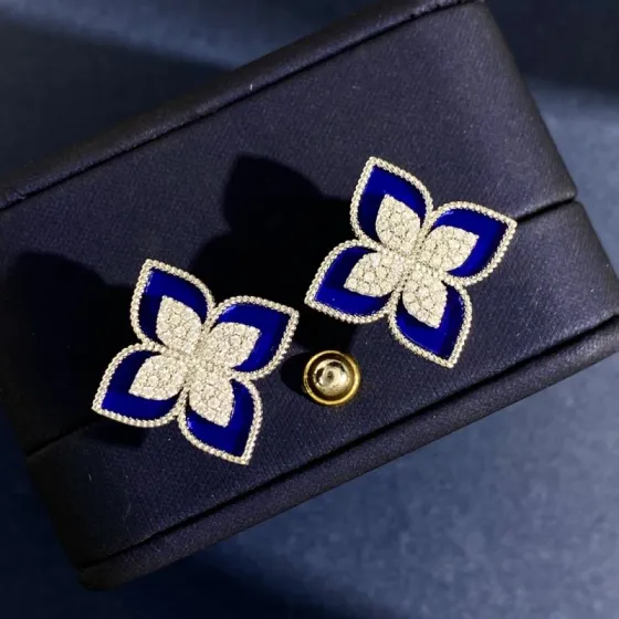 Roberto Coin Love in Verona earrings 18k white gold with diamond pave and colored enamel blue turquoise black variants 15mm
