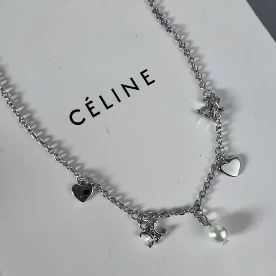 Celine Triomphe Heart Pearl Charm Necklace necklace silver-toned metal with white pearl accents 40cm