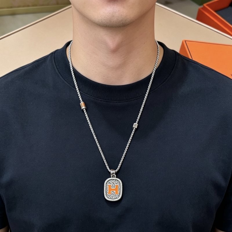 Hermes H Logo Oval Pendant Necklace necklace Silver-toned metal with orange enamel H detail brown leather accent bead 60cm