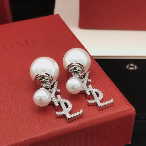 Saint Laurent YED0075 Cassandre Pearl Drop Earrings earrings silver-toned metal white freshwater pearls clear pave crystals 2 5cm drop length