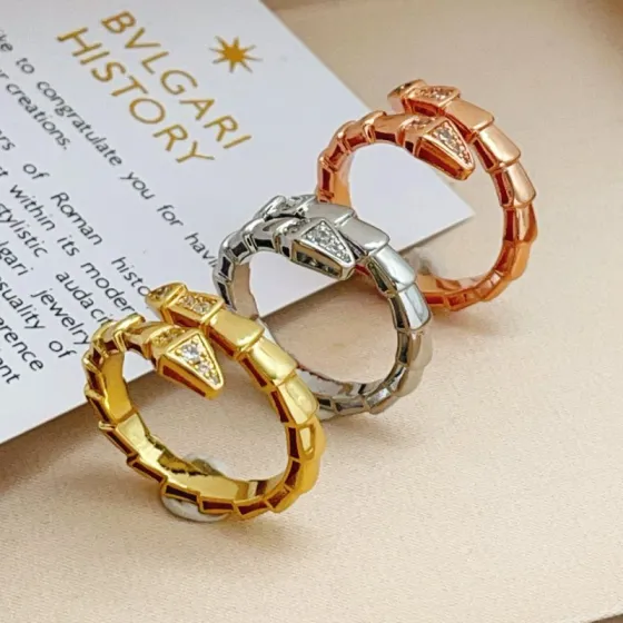 Bvlgari Serpenti Viper ring yellow gold silver rose gold with clear diamond accents adjustable open band