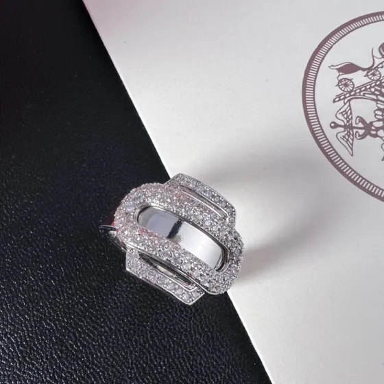 Hermes Attelage ring silver-toned white gold with clear pave diamonds 7
