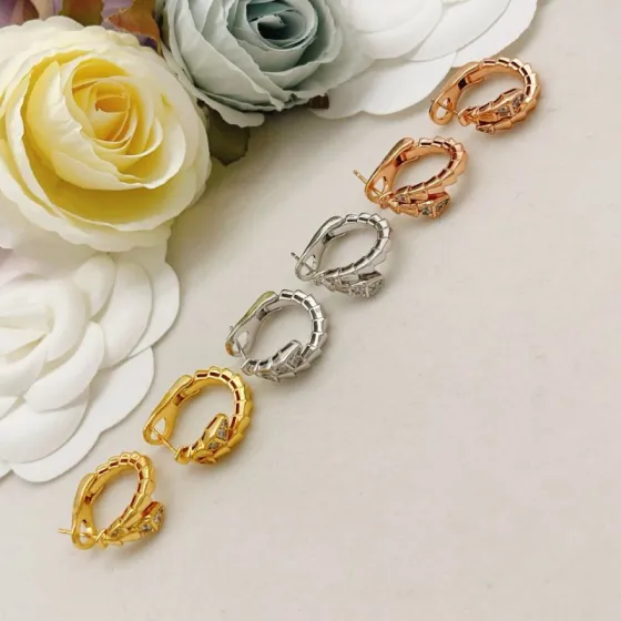 Bvlgari Serpenti Viper earrings Yellow gold with clear diamond accents 15mm hoop diameter