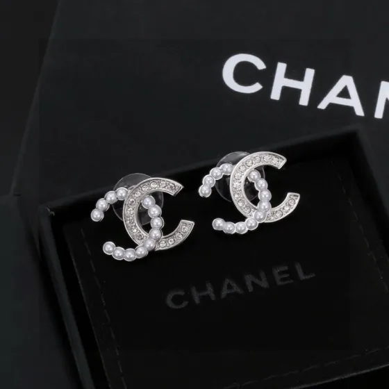 Chanel CC Logo Pearl Crystal Stud Earrings earrings silver-tone metal white faux pearl clear crystal 1 5cm stud diameter