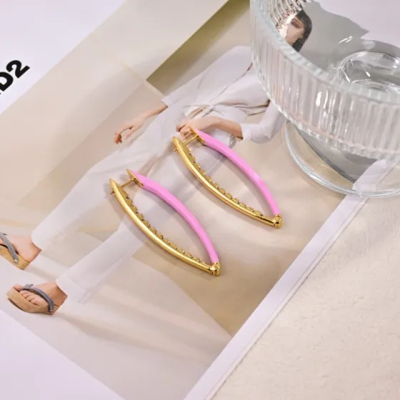 Celine Enamel Crystal Elongated Hoop Earrings earrings Gold-tone metal pink enamel clear crystal 5cm length
