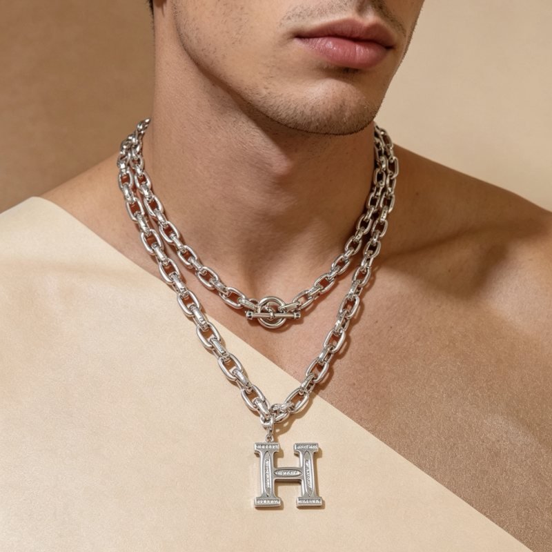 Hermes H Logo Toggle Chain Necklace necklace Silver-toned metal with clear diamond-like stone accents on H pendant 60cm