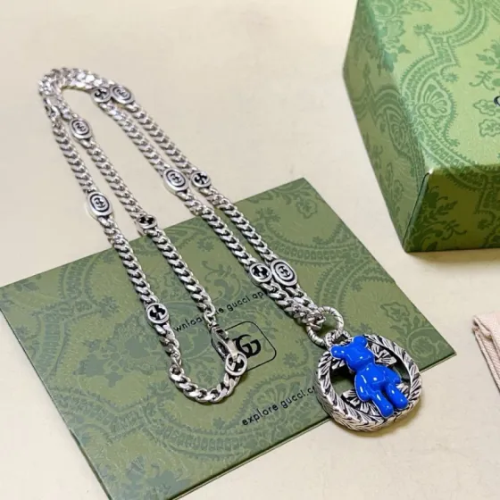 Gucci Anger Forest Bear Pendant necklace Aged silver-tone metal with bright blue enamel bear accent 60cm