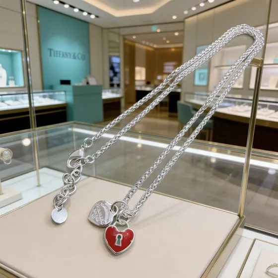 Tiffany Co Return to Tiffany Heart Lock necklace sterling silver with red enamel 18 inches