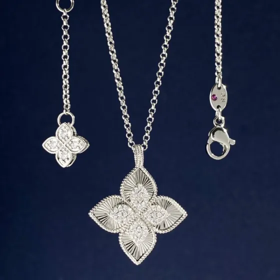 Roberto Coin Princess Flower necklace 18k white gold with clear diamonds 18k yellow gold with clear diamonds 18 inches
