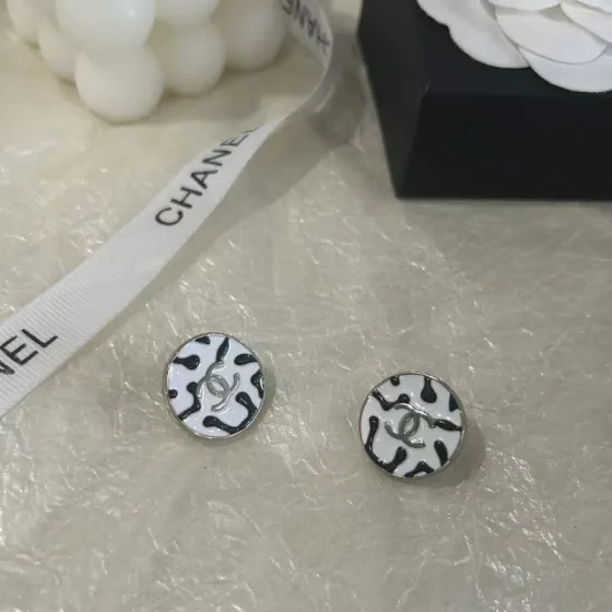 Chanel CC Logo Round Stud Earrings earrings silver-tone metal white enamel with black spotted pattern 1 5cm diameter