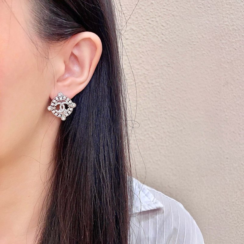Chanel CC Logo Crystal Compass Stud Earrings earrings silver-toned metal with clear crystal accents 1 5cm diameter