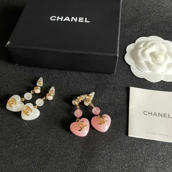 Chanel CC Heart Drop Earrings earrings Gold-tone metal pink resin white faux pearl 3 5cm drop length