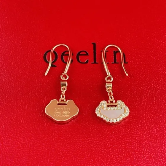 Qeelin Yu Yi earrings 18K rose gold white mother-of-pearl clear diamond accents 2 5cm drop length