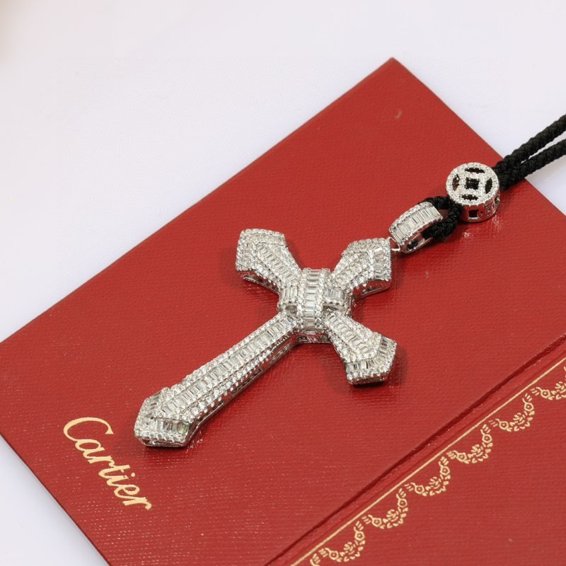 Cartier Diamond Cross Pendant pendant White gold with clear baguette and round diamonds black cord 24 inch black cord chain
