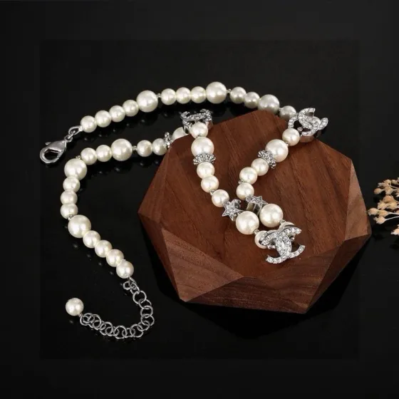 Chanel CC Logo Crystal Star Pearl Choker necklace Silver-tone metal white faux pearl clear crystal Adjustable 36-42cm