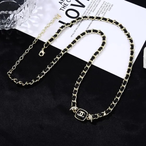 Chanel Goose series necklace gold-tone metal black leather black enamel clear crystal 80cm with 10cm extension chain