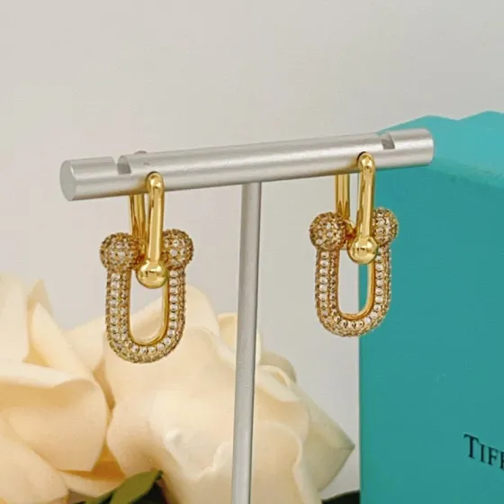 Tiffany HardWear earrings 18k gold metal with clear pave diamond accents 2 5cm drop length