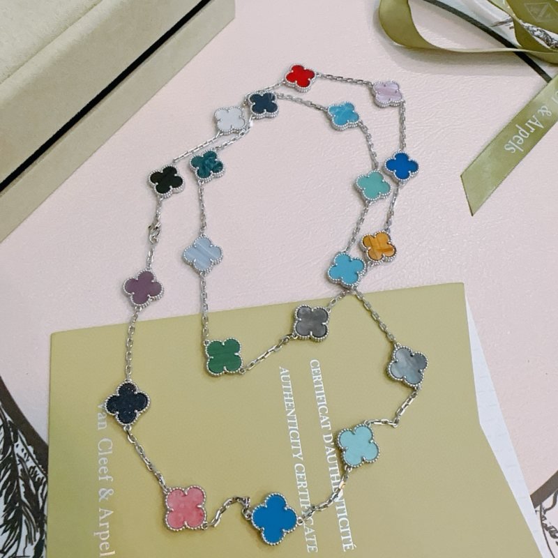 Van Cleef Arpels Alhambra necklace silver-toned metal with multicolor gemstone clover motifs 80cm