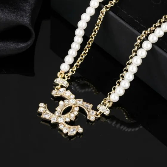Chanel CC Crystal Pearl Choker necklace gold-tone metal white faux pearl clear crystal 40cm with 5cm extender