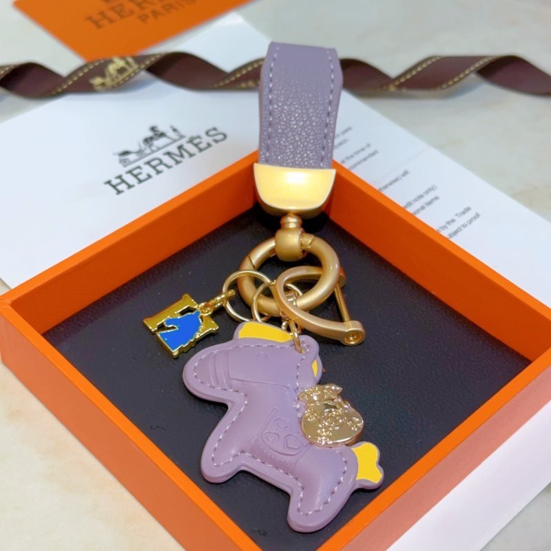 Hermes Rodeo Pony Charm Keychain pendant Lavender purple leather with gold tone metal yellow and blue enamel accents 10cm total length
