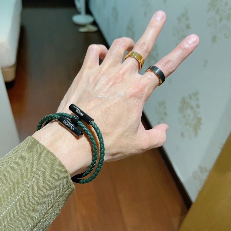 Hermes Tournis Tresse bracelet dark green braided leather black metal hardware 40cm double wrap