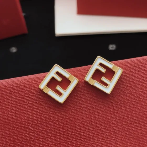 Fendi FF Logo Square Stud Earrings earrings gold-tone metal with white enamel 1 2cm stud diameter