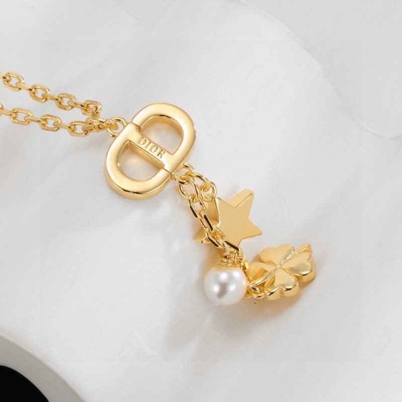 Dior Petit CD Lucky Charms necklace gold-tone metal white faux pearl clear crystal accents 42cm with 5cm extender