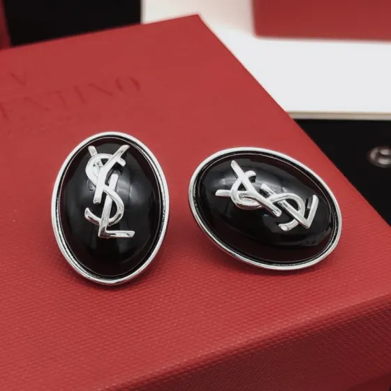Saint Laurent YED0077 Cassandre Oval Logo Earrings earrings silver-toned metal with black enamel inlay 2 5cm length per earring