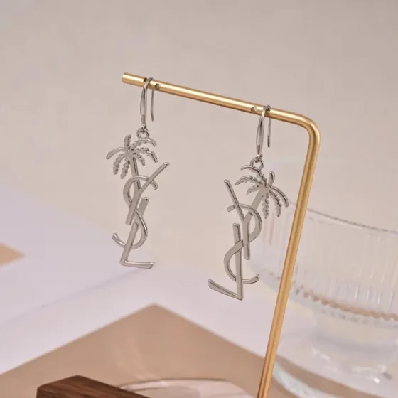 Saint Laurent YSL 1961 Palm Tree Monogram earrings silver-toned metal no accent stones 4 5cm drop length